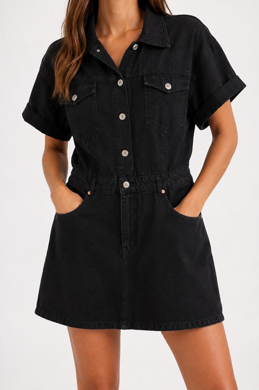 Entro Women’s Black Denim Mini Dress Size L Cotton Button Front Utility Pockets